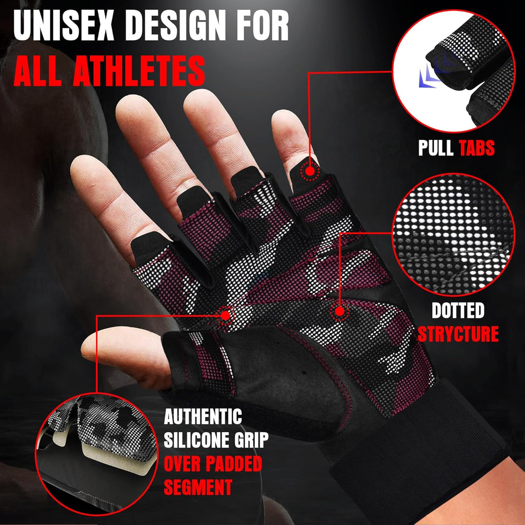 RDX Weight Lifting Gloves Full Palm Protection with Wrist Wrap Half Pink- M