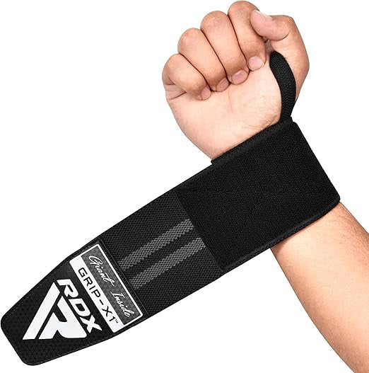 RDX WR11 Gym Wrist Wraps – Heavy-Duty Cotton, Extra-Wide Design, Adjustable Quick-EZ Closure, 25% Stretchability, One Size black/grey
