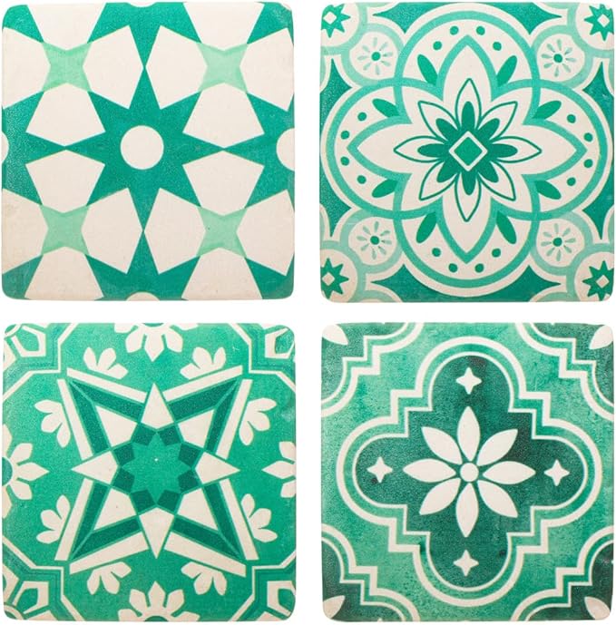 Sass & Belle Green Tile Coasters - Set of 4 Mediterranean Style