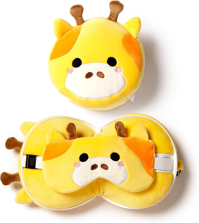 Puckator Relaxeazzz Giraffe Round Plush Travel Pillow & Eye Mask
