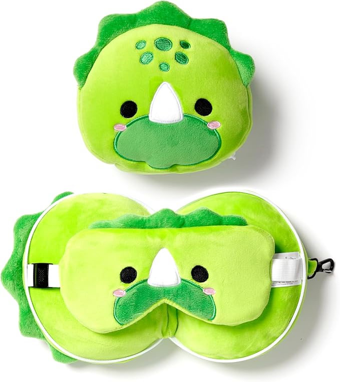 Puckator Relaxeazzz Adoramals Dinosaur Round Plush Travel Pillow & Eye Mask