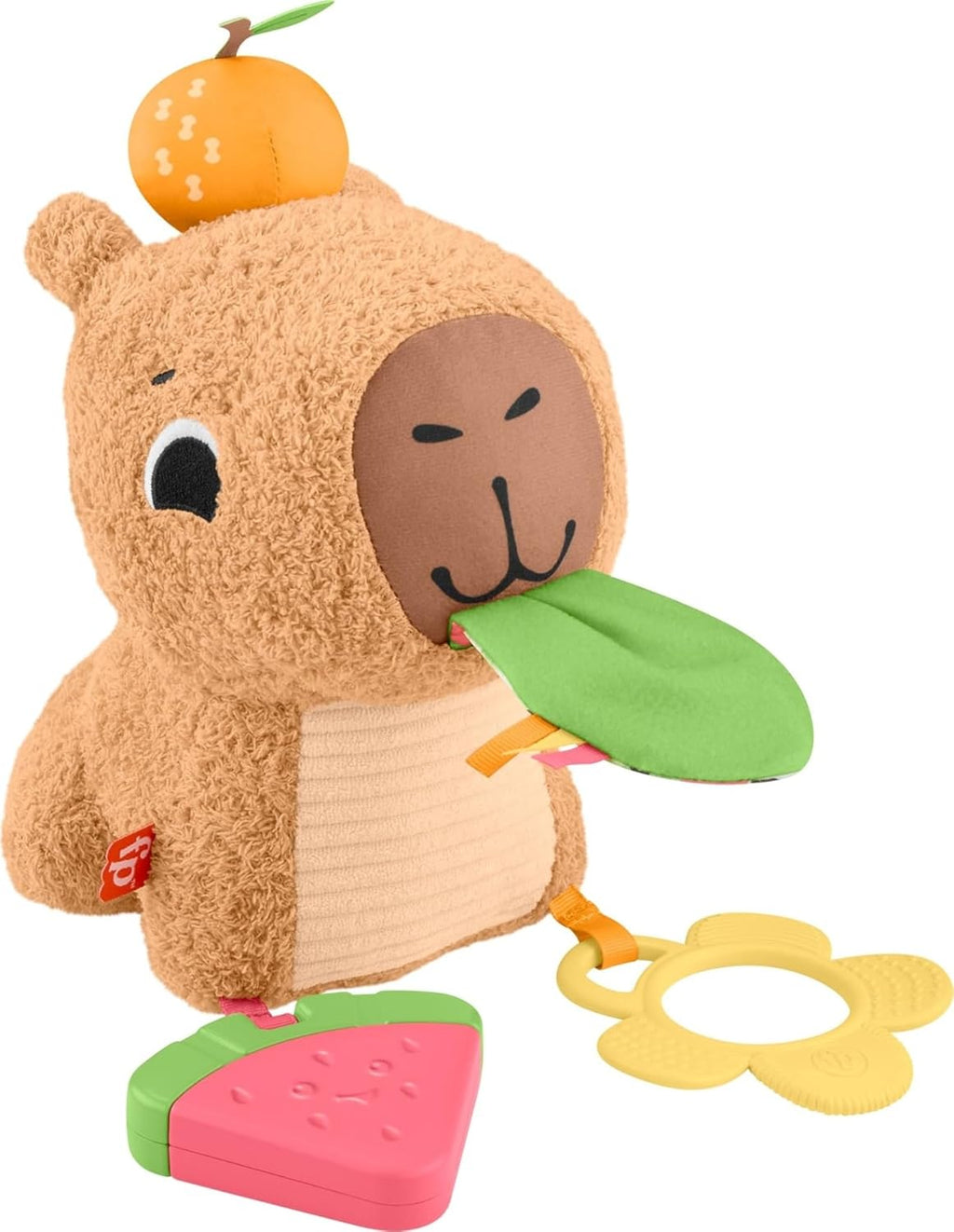 Fisher-Price Baby Sensory Toy Snuggly Snacky Capybara Plush with Newborn Teether & Rattle Activities