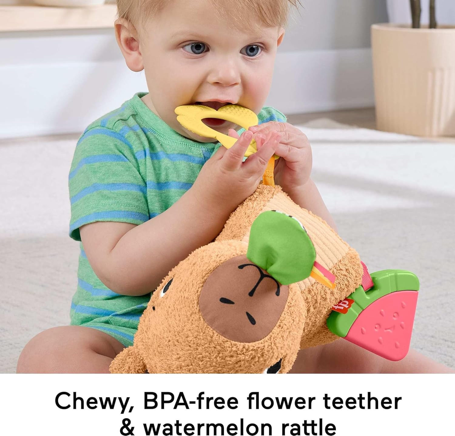 Fisher-Price Baby Sensory Toy Snuggly Snacky Capybara Plush with Newborn Teether & Rattle Activities