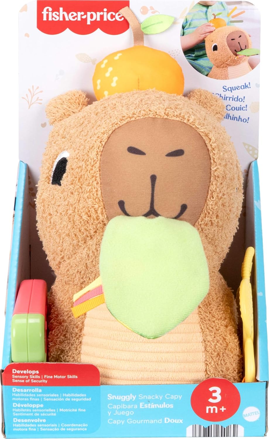 Fisher-Price Baby Sensory Toy Snuggly Snacky Capybara Plush with Newborn Teether & Rattle Activities