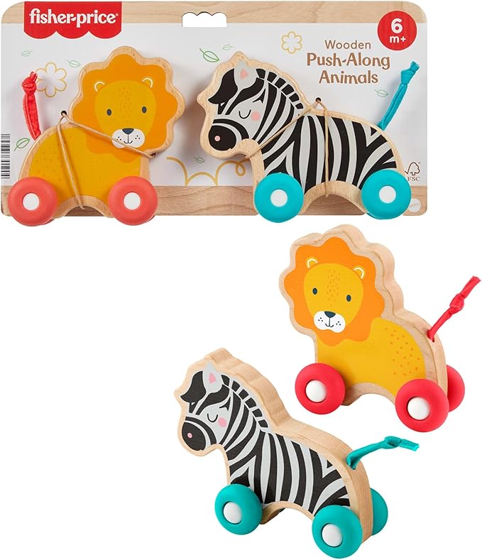 Fisher-Price Wood Baby Toys Push-Along Animals, Set of 2 Wooden Vehicles with Silicone Wheels for Crawling Play