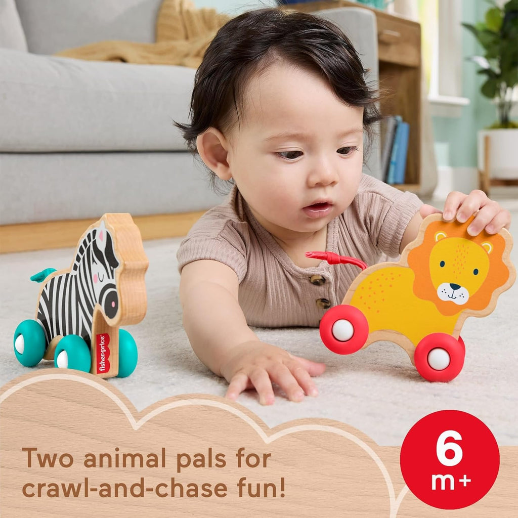 Fisher-Price Wood Baby Toys Push-Along Animals, Set of 2 Wooden Vehicles with Silicone Wheels for Crawling Play