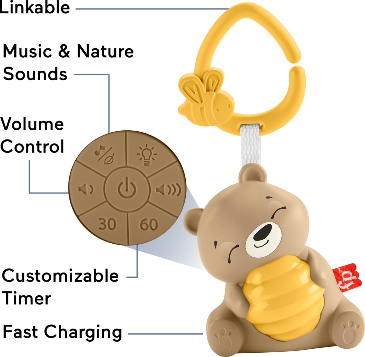Fisher Price Baby Toy Beary Soothing Portable Sound Machine with Music, Night Light & Customizable Timer
