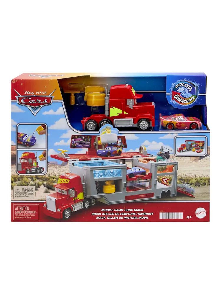 Mattel Disney and Pixar Cars Transforming Truck & Toy Car Playset, Color Changers Paint Shop Mack with Detachable Cab, Color Change Lightning McQueen & Accessories
