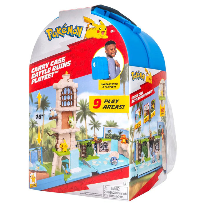 Jazwares Pokémon Carry Case Battle Ruins Playset - Portable Transforming Backpack Playset with Action Features and 2-inch Pikachu Battle Figure