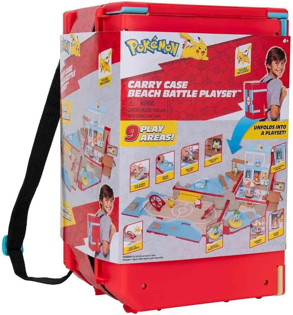 Jazwares Pokémon Carry Case Beach Battle Playset - Portable Transforming Backpack Playset with Action Features and 2-inch Pikachu Battle Figure