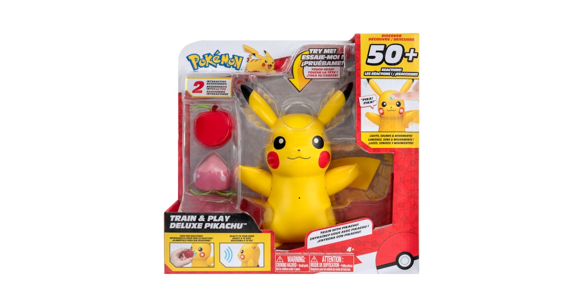 Jazwares Pokémon Train and Play Deluxe Pikachu - 4.5-Inch Pikachu Figure with Lights, Sounds, and Moving Limbs plus Interactive Accessories