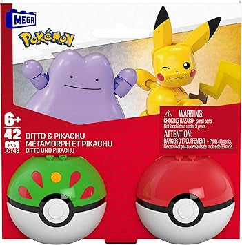 Mattel MEGA Pokémon Action Figure Building Toys Set, Poké Ball 2-Pack, Pikachu and Ditto with 42 Pieces