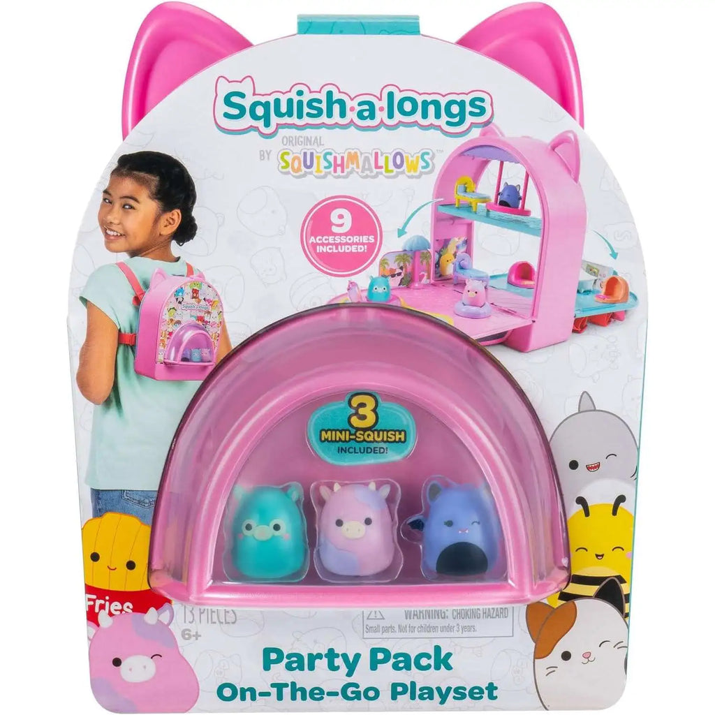 Jazwares Squish-a-longs by Original Squishmallows Party Pack On-the-Go Playset - Series 1 - Three 1-Inch Mini-Squish with 9 Furnishings