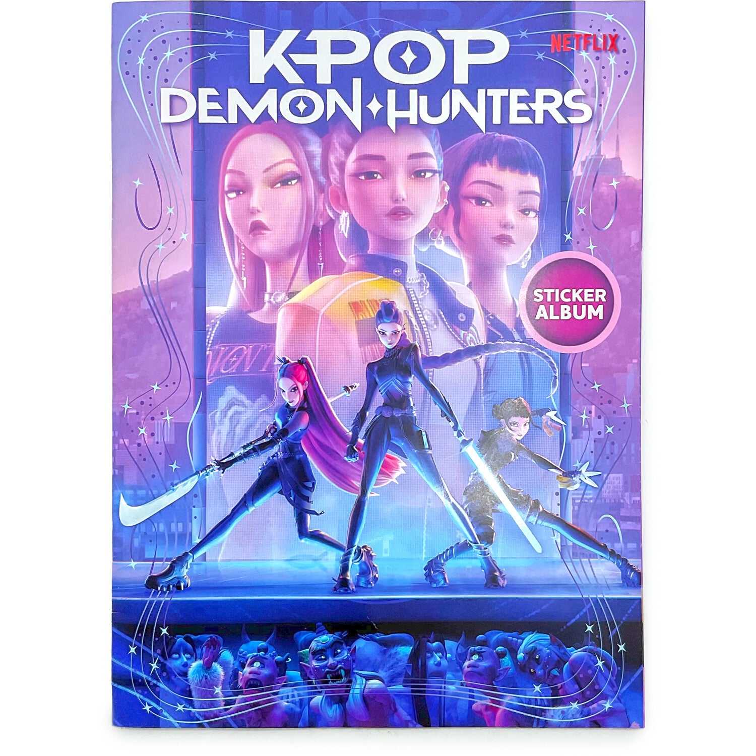 Bizak KPOP Demon Hunters Stickers Cards Official Netflix Album, 32 Pages for Collection of 200 Stickers, Includes 2 Envelopes with 10 Holographic and Die-Cut Stickers and Double-Sided Poster