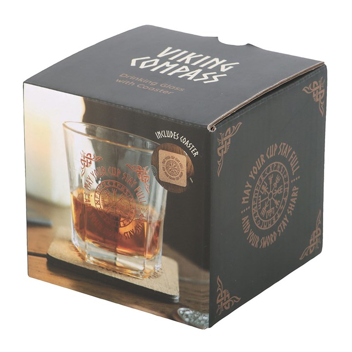 Viking Compass Lowball Glass with Cork Coaster – 300ml