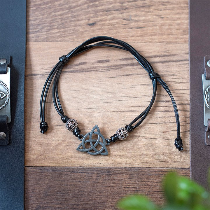 Black Celtic Triquetra Knot Leather Cord Bracelet