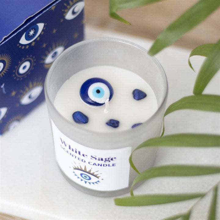 All Seeing Eye White Sage Protection Charm Candle in Glass Pot