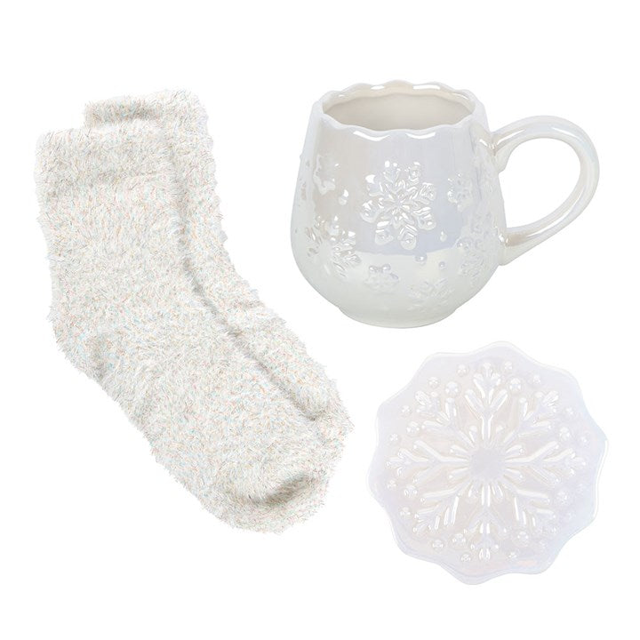 Iridescent Snowflake Mug, Coaster and Socks Gift Set