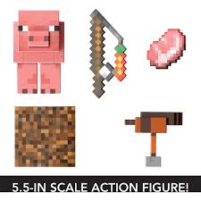 Mattel Minecraft Diamond Level Pig Action Figure with 4 Accessories, 5.5-in