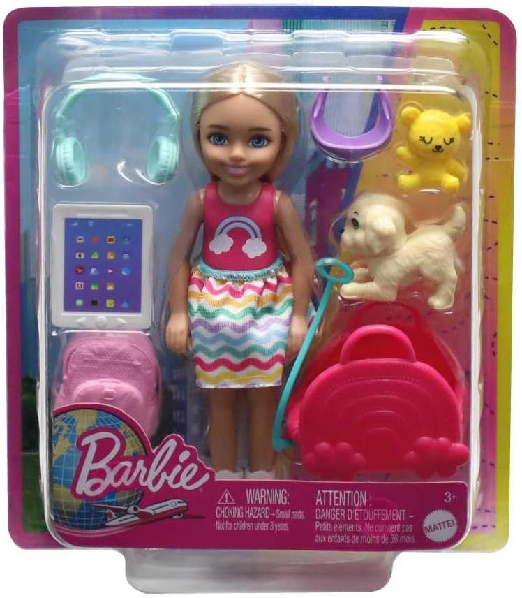Mattel Barbie Chelsea Small Doll & 6 Accessories, Travel Set with Puppy, Pet Carrier & Backpack