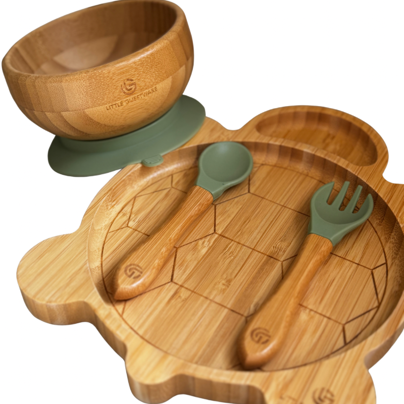 Turtle Bamboo Feeding Set – Plate, Bowl, Spoon & Fork Gift Set