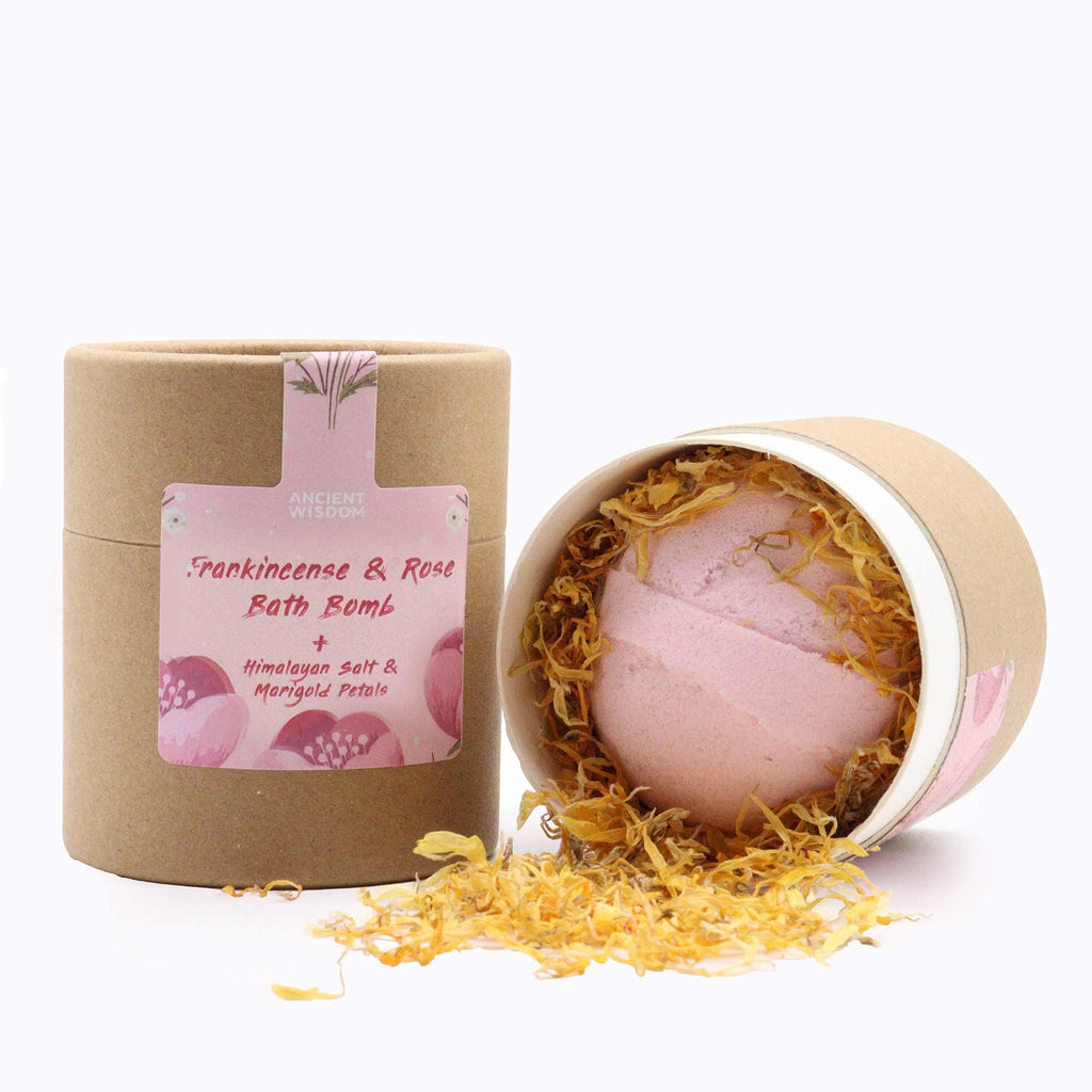 Blooming Pink Bliss-Frankincense & Rose Bath Bomb, paired with mineral-rich Himalayan Bath Salt and vibrant Marigold Petals.