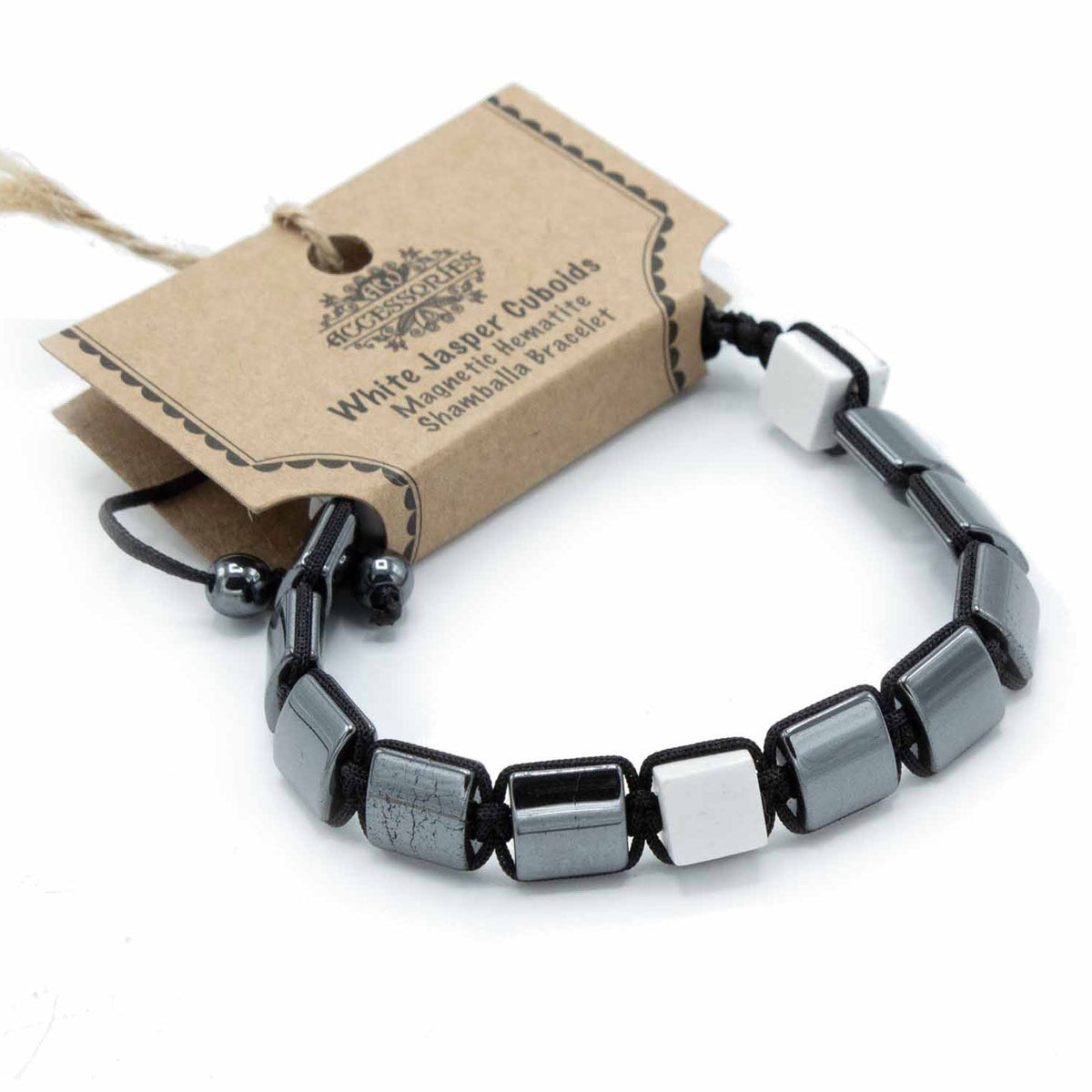 Magnetic Hematite Shamballa Bracelet – White Jasper Cuboids