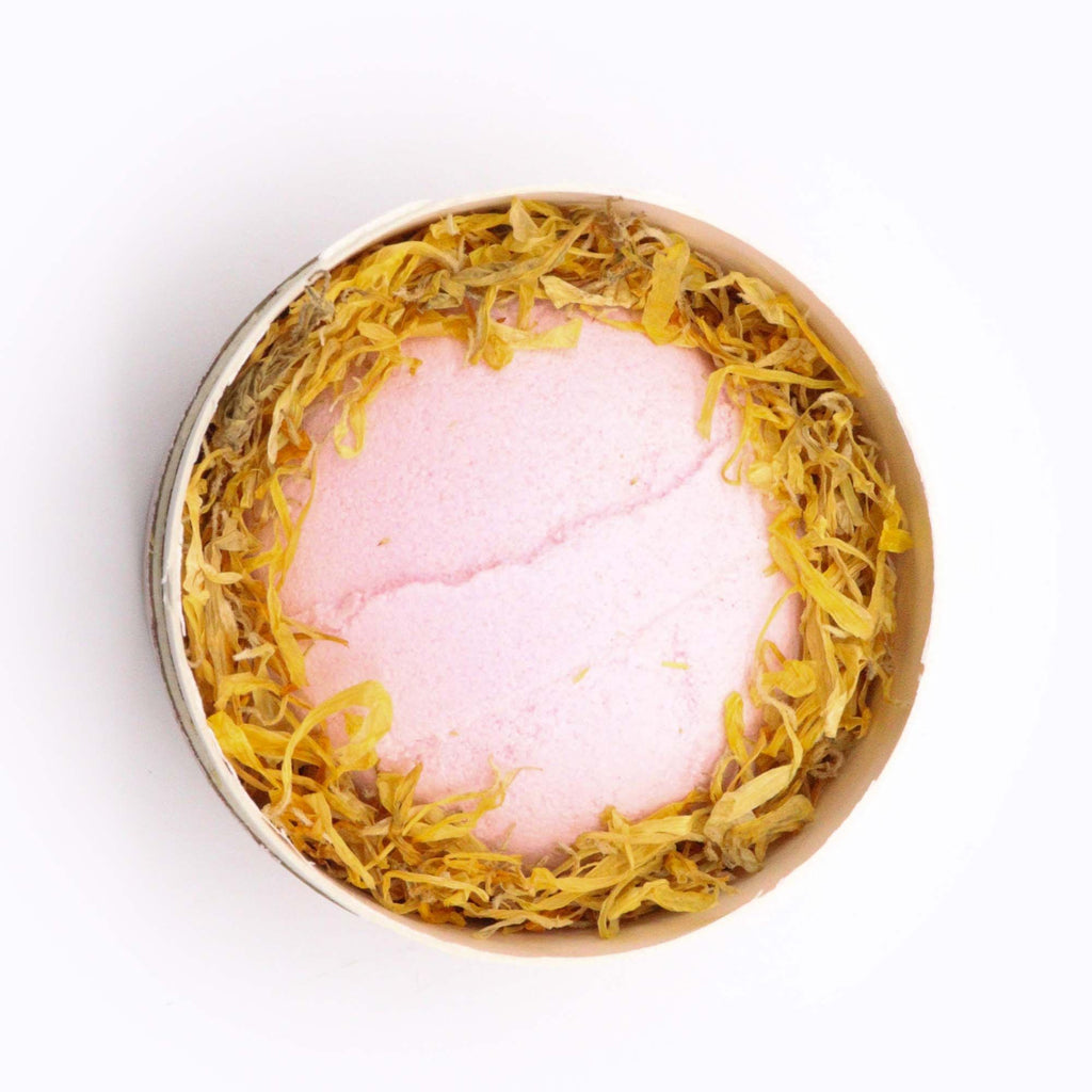 Blooming Pink Bliss-Frankincense & Rose Bath Bomb, paired with mineral-rich Himalayan Bath Salt and vibrant Marigold Petals.