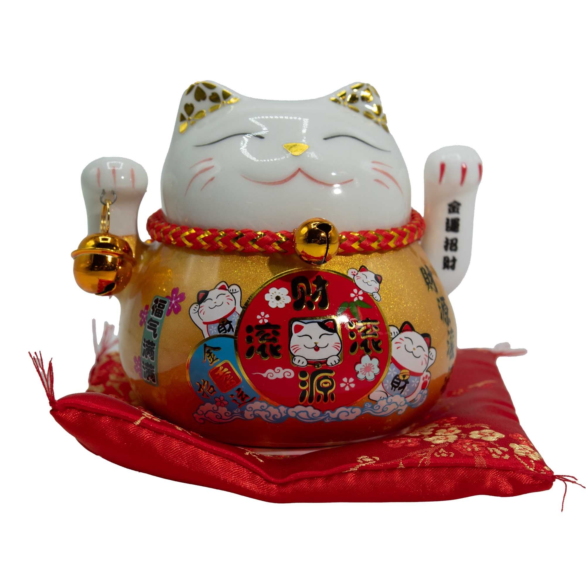 Ceramic Money Cat Moving Hand - Gold on Cushion