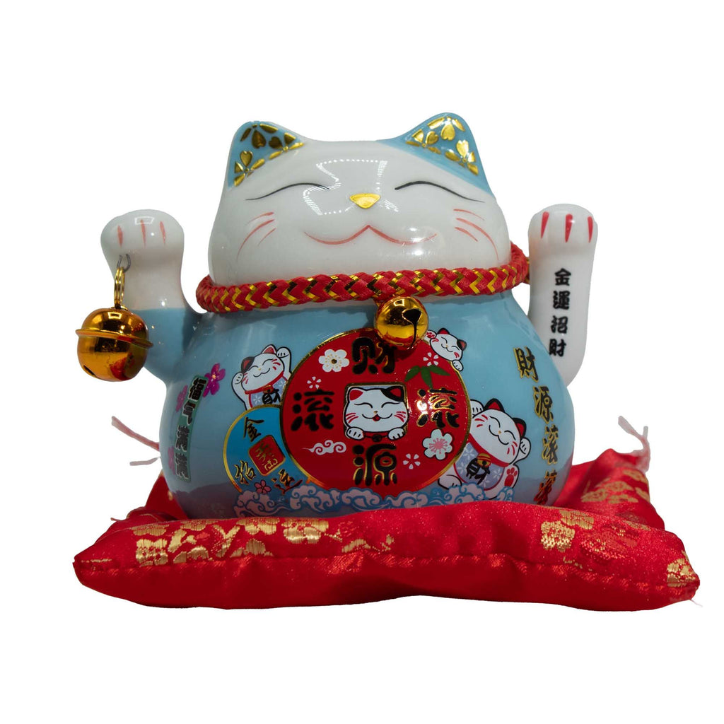 Ceramic Money Cat Moving Hand - Blue on Cushion