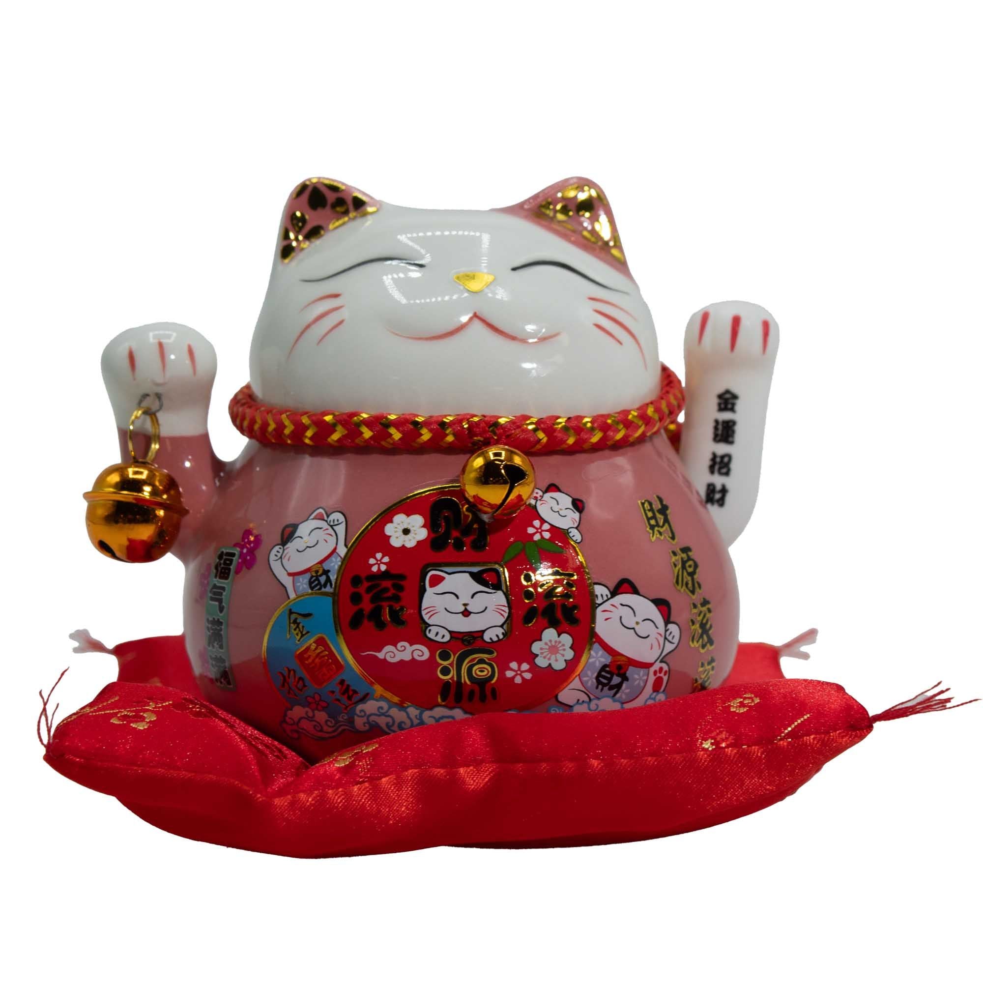 Ceramic Money Cat Moving Hand - Pink on Cushion