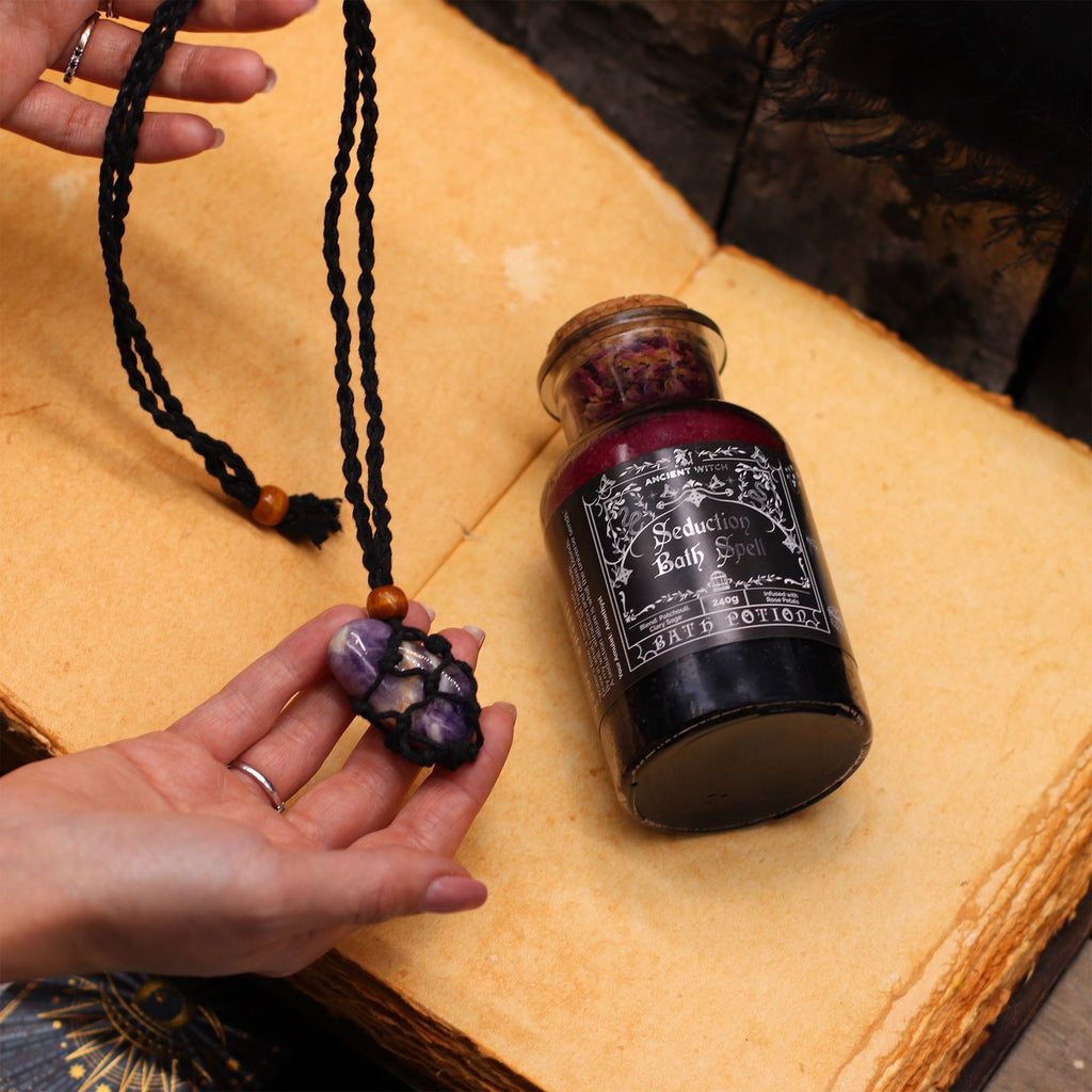 Ancient Witch Bath Spell Potion & Amethyst Crystal Amulet - Seduction