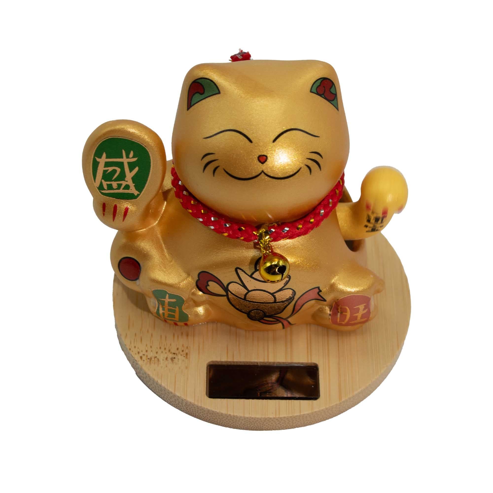 Solar Money Cat Wooden Base - Gold Moving Hand
