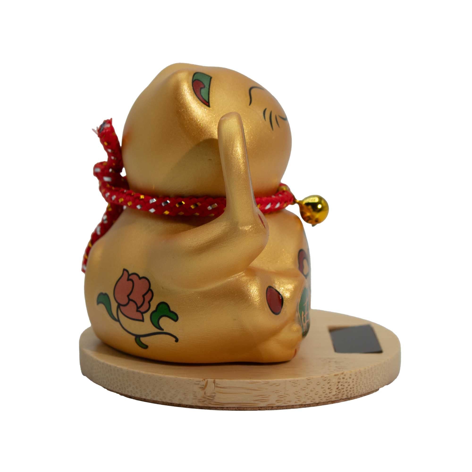 Solar Money Cat Wooden Base - Gold Moving Hand
