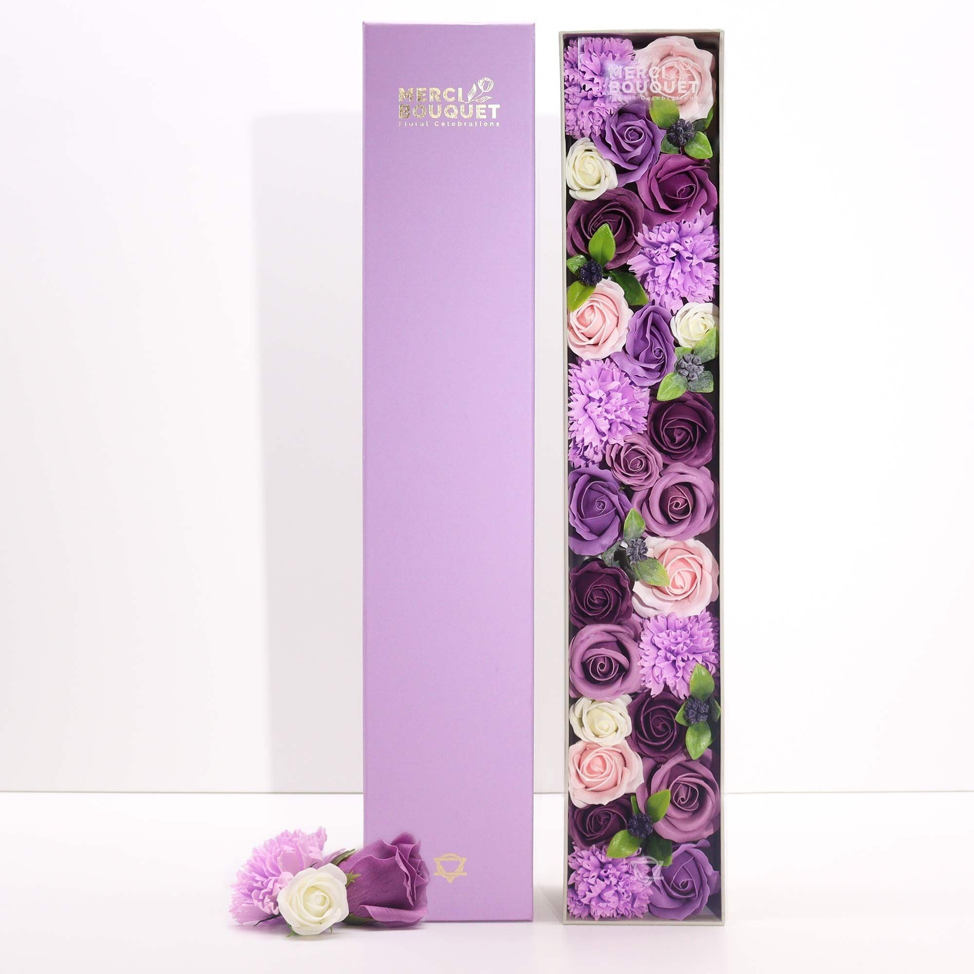 Lavender Rose & Carnation Soap Flowers Extra Long Box