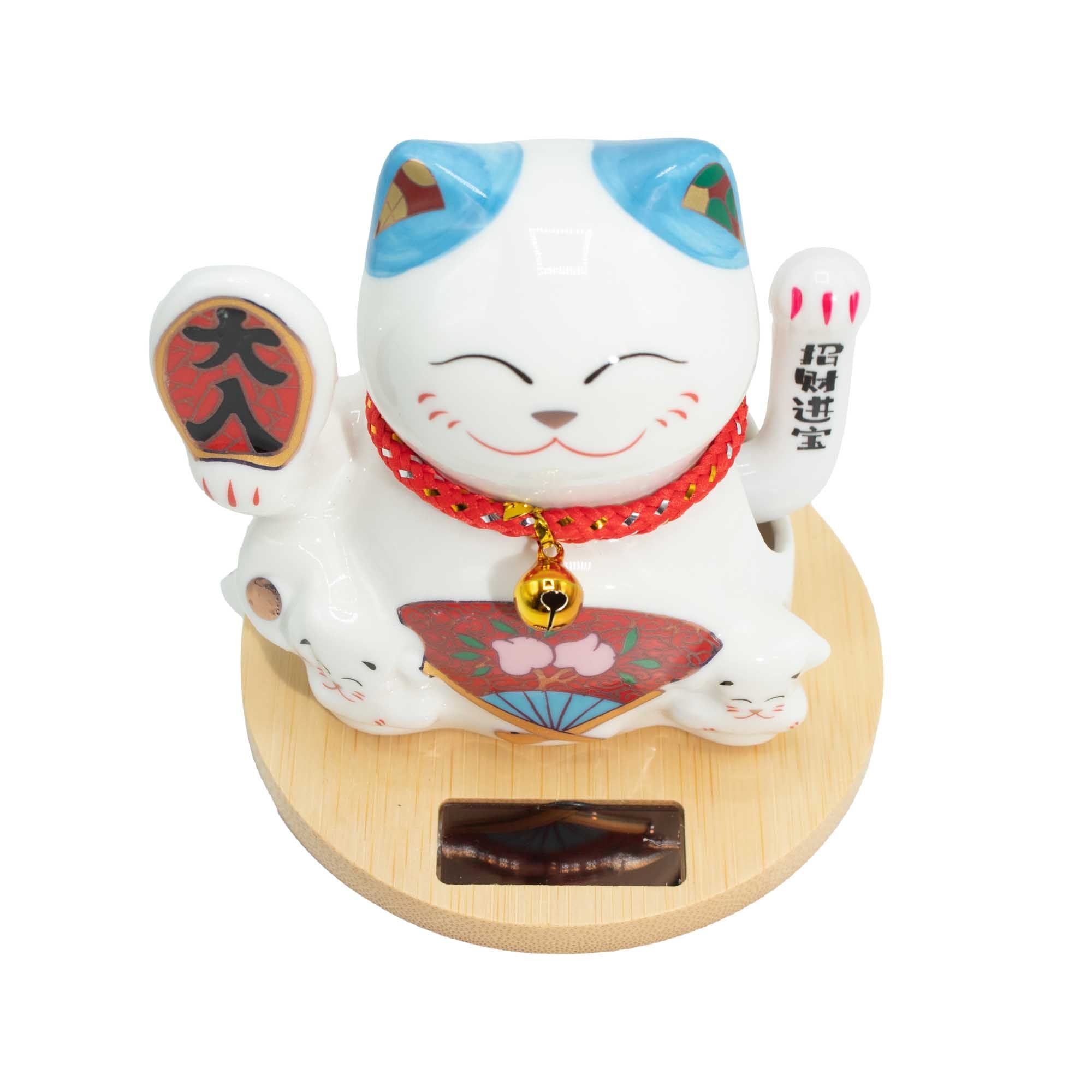 Solar Money Cat Wooden Base - Blue Moving Hand