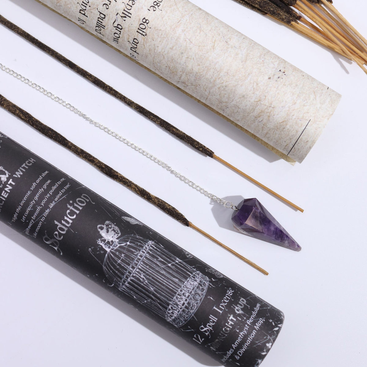 Ancient Witch Seduction Spell Incense & Amethyst Pendulum Set