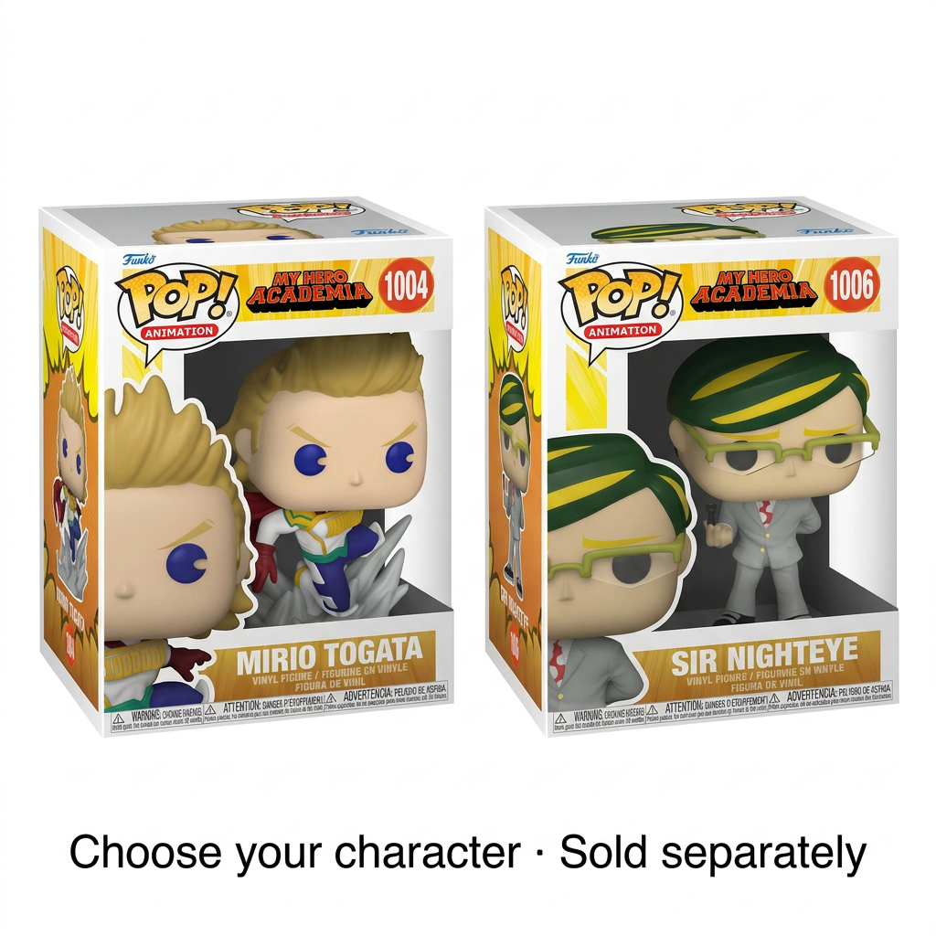 Boxed Mirio Togata and Sir Nighteye Funko Pop variants on white