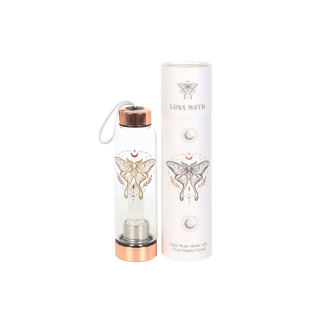 Luna Moth Glass Water Bottle with Clear Quartz Crystal