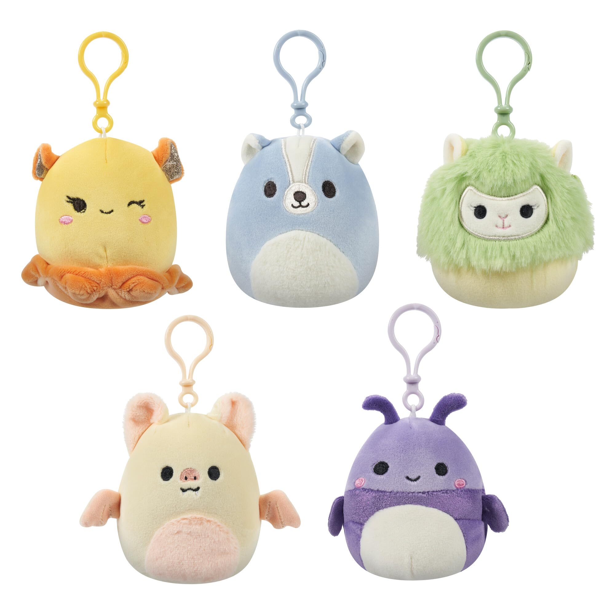 Squishmallows Original 3.5 Inch Clip-On 5 Pack - Blue Skunk, Cream Bat, Purple Beetle, Lime Greem Llama, Yellow Dumbo Octopus Squishmallows