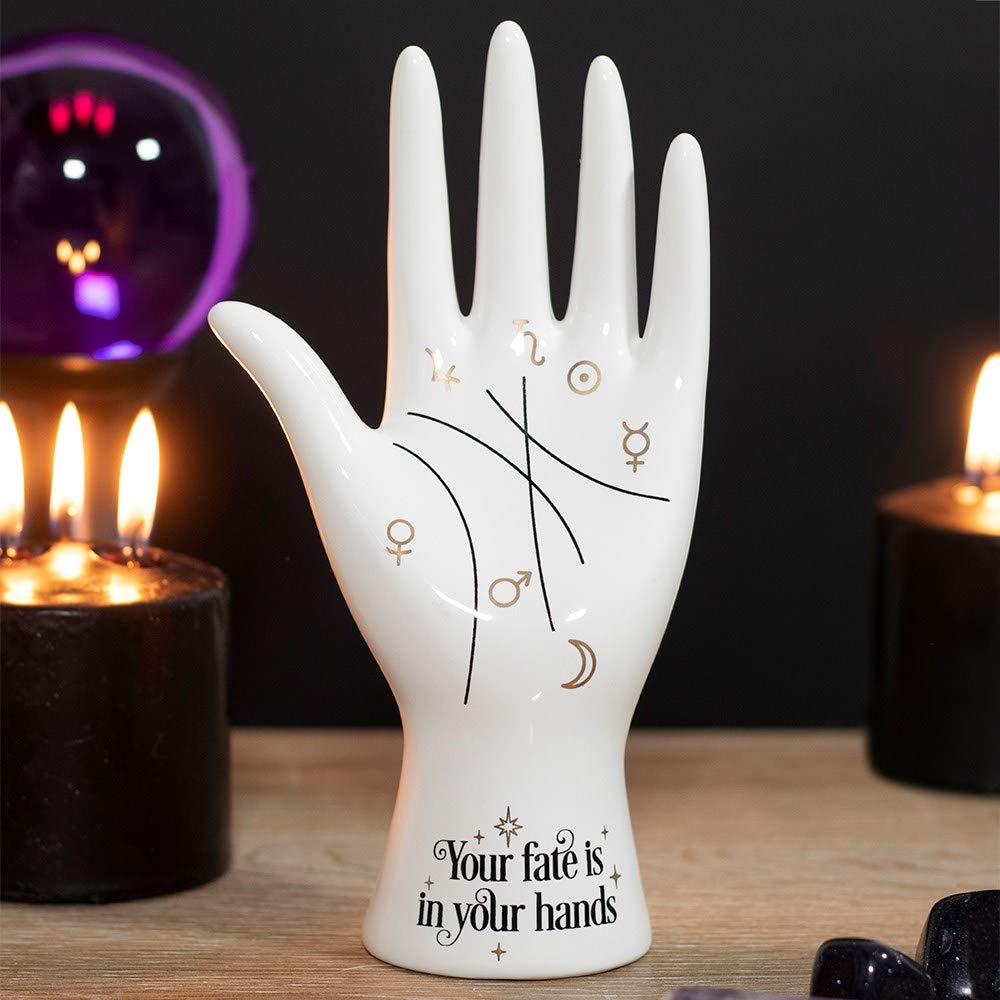 Modern White Ceramic Palmistry Hand Ornament 'Your Fate is in Your Hands' Text Something Different