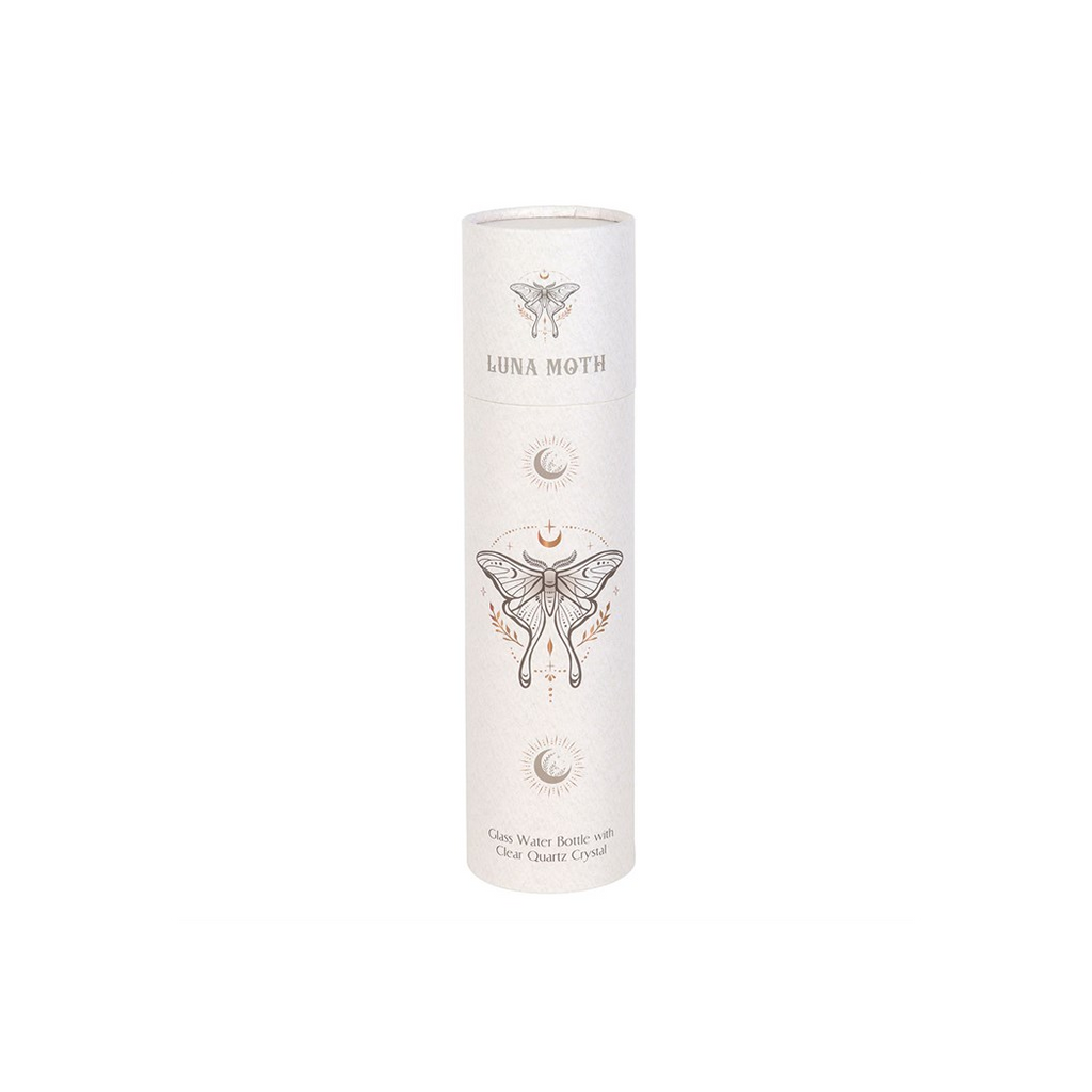 Luna Moth Glass Water Bottle with Clear Quartz Crystal