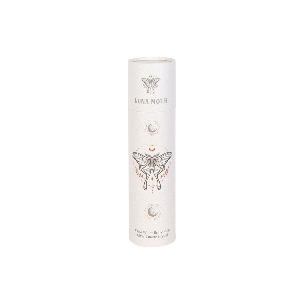 Luna Moth Glass Water Bottle with Clear Quartz Crystal