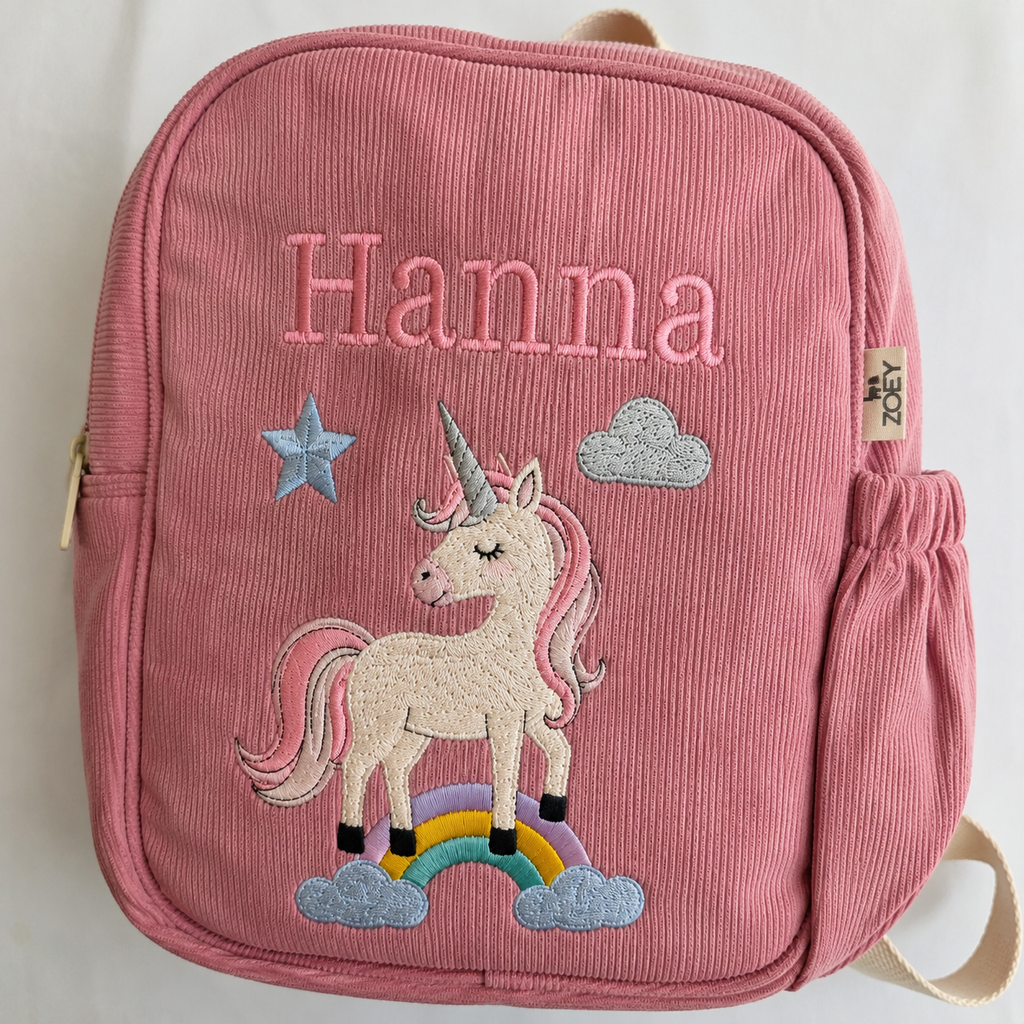 Unicorn Charm Personalised School Bag, Hand-Embroidered