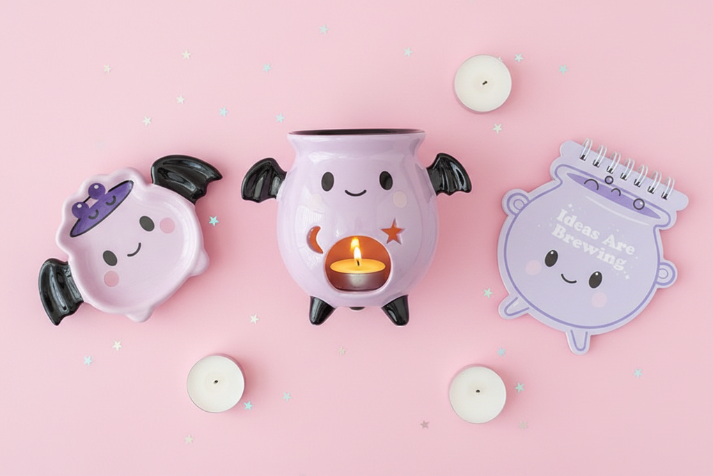 Pastel Cauldron Gift Set featuring bat brew oil burner, trinket dish and cauldron notepad styled together