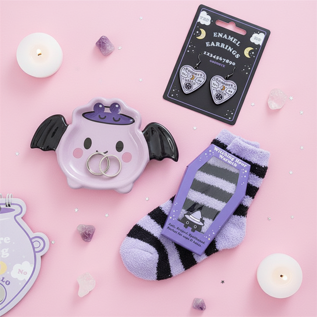 Pastel Witchy Trio gift set featuring bat trinket dish, planchette earrings and coffin box socks