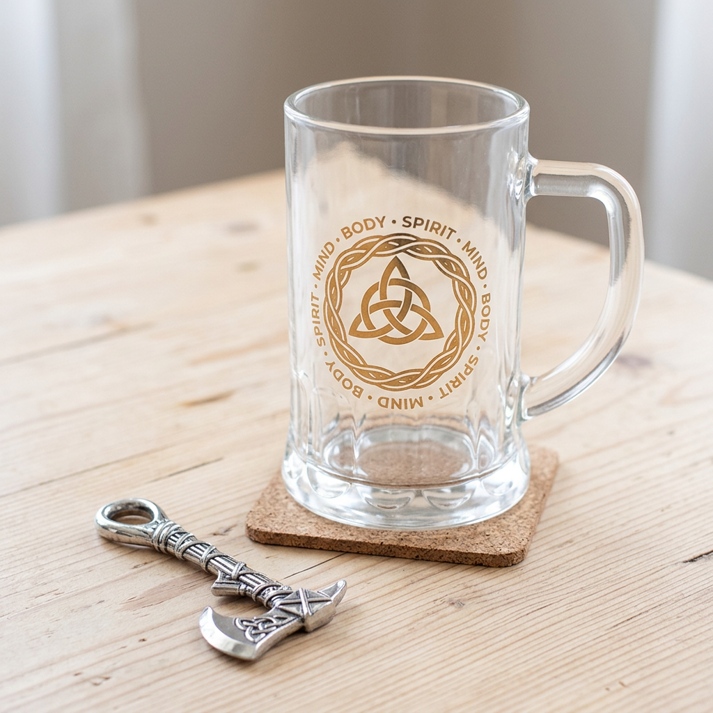 Celtic triquetra glass beer tankard on its cork coaster with the axe-shaped metal bottle opener.