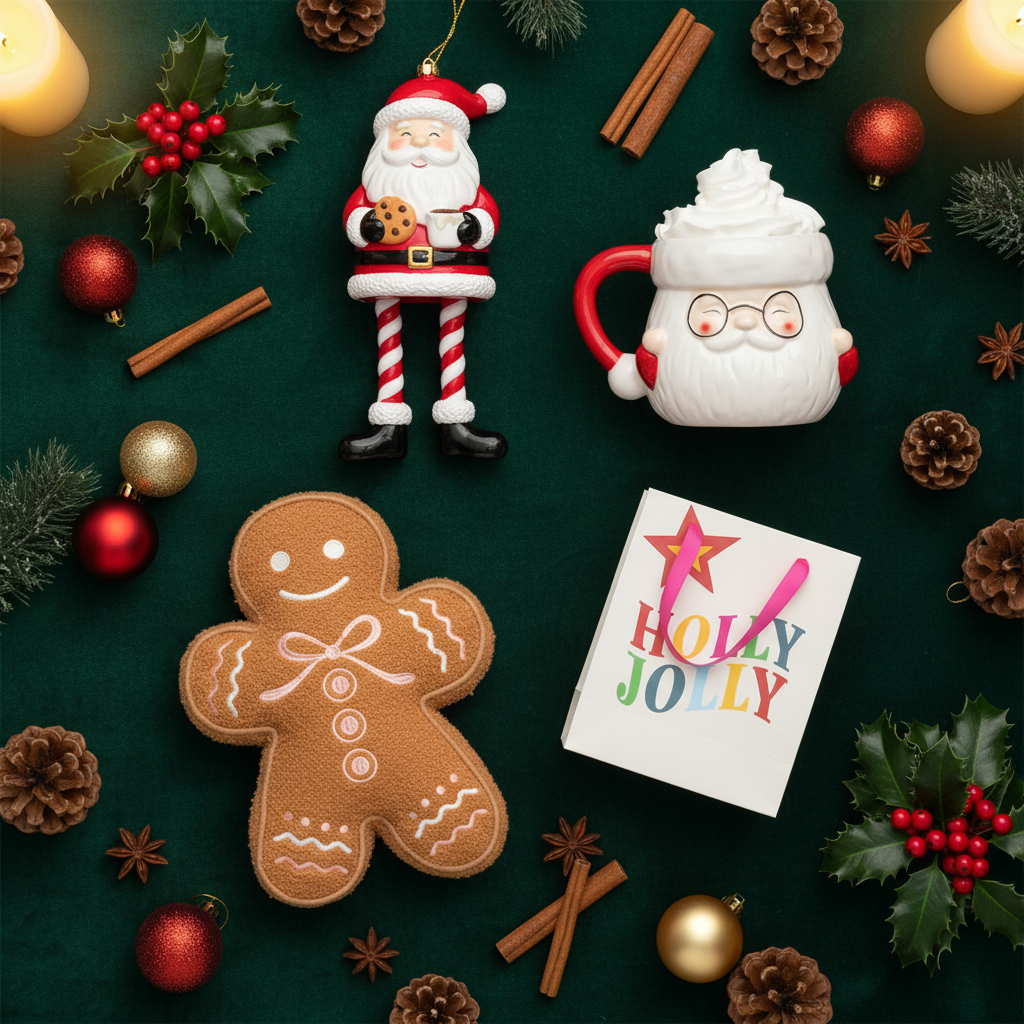 Holly Jolly Christmas Gift Set featuring Santa shelf sitter ornament, Santa shaped mug, gingerbread man boucle cushion and Holly Jolly gift bag on a deep green festive background with holly and baubles