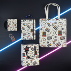Totally Rad 80s Gift Set featuring matching retro print mug, A5 notebook, polycotton tote bag and gift bag