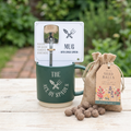 Sow and Sip gardening gift set with green Ace of Spades mug, metal spade spoon and drawstring bag of wildflower seed balls.
